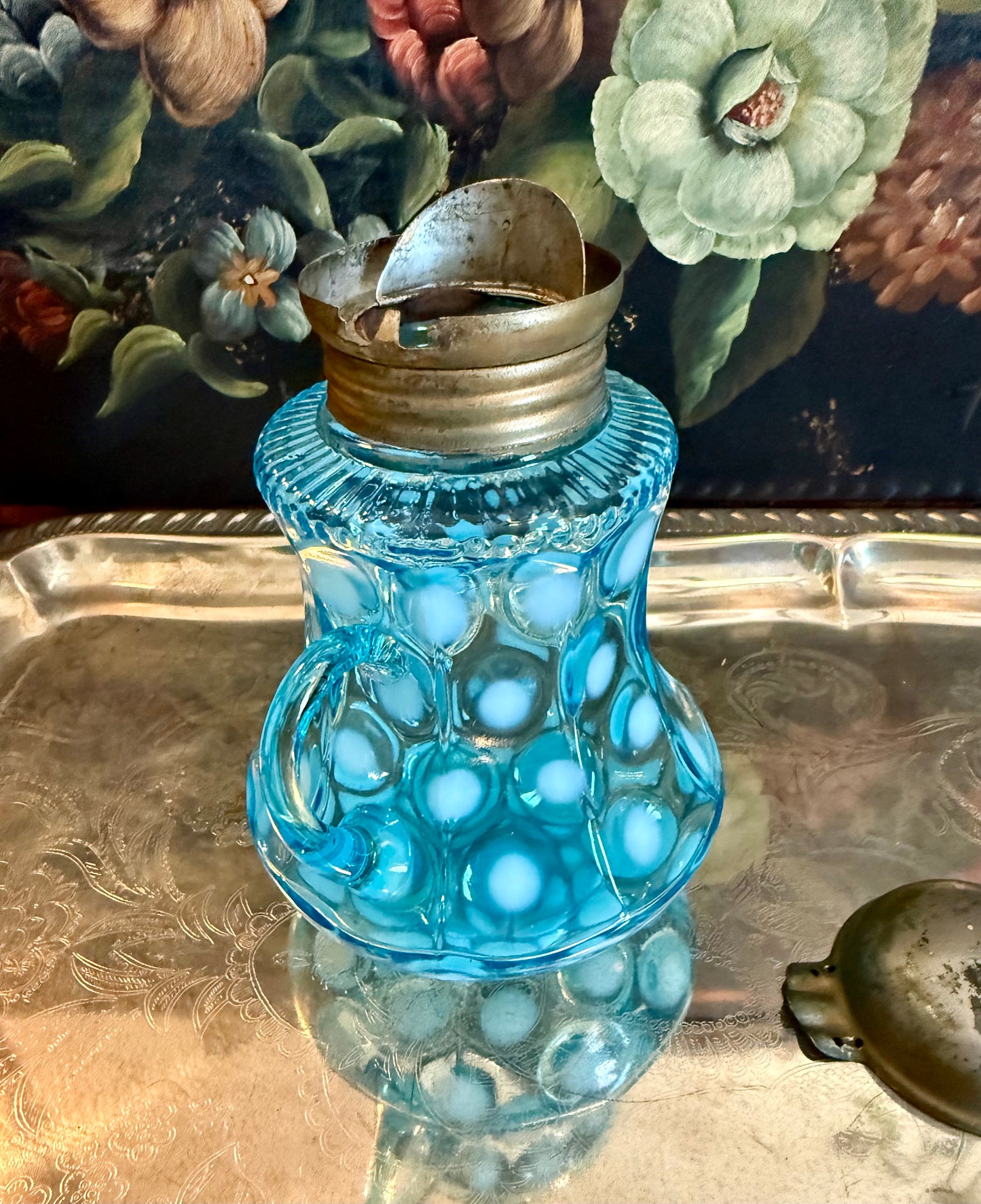 Antique Coin Spot Blue Syrup Pitcher