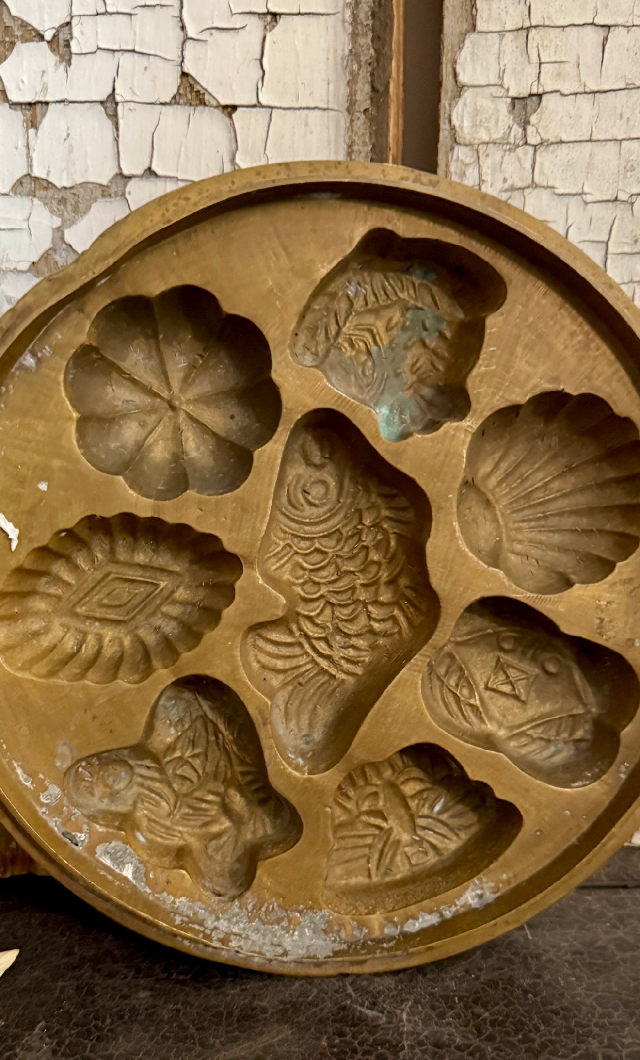 Vintage Brass Kuih Bahulu Mold – Malaysian Cake, Fish & Floral Design