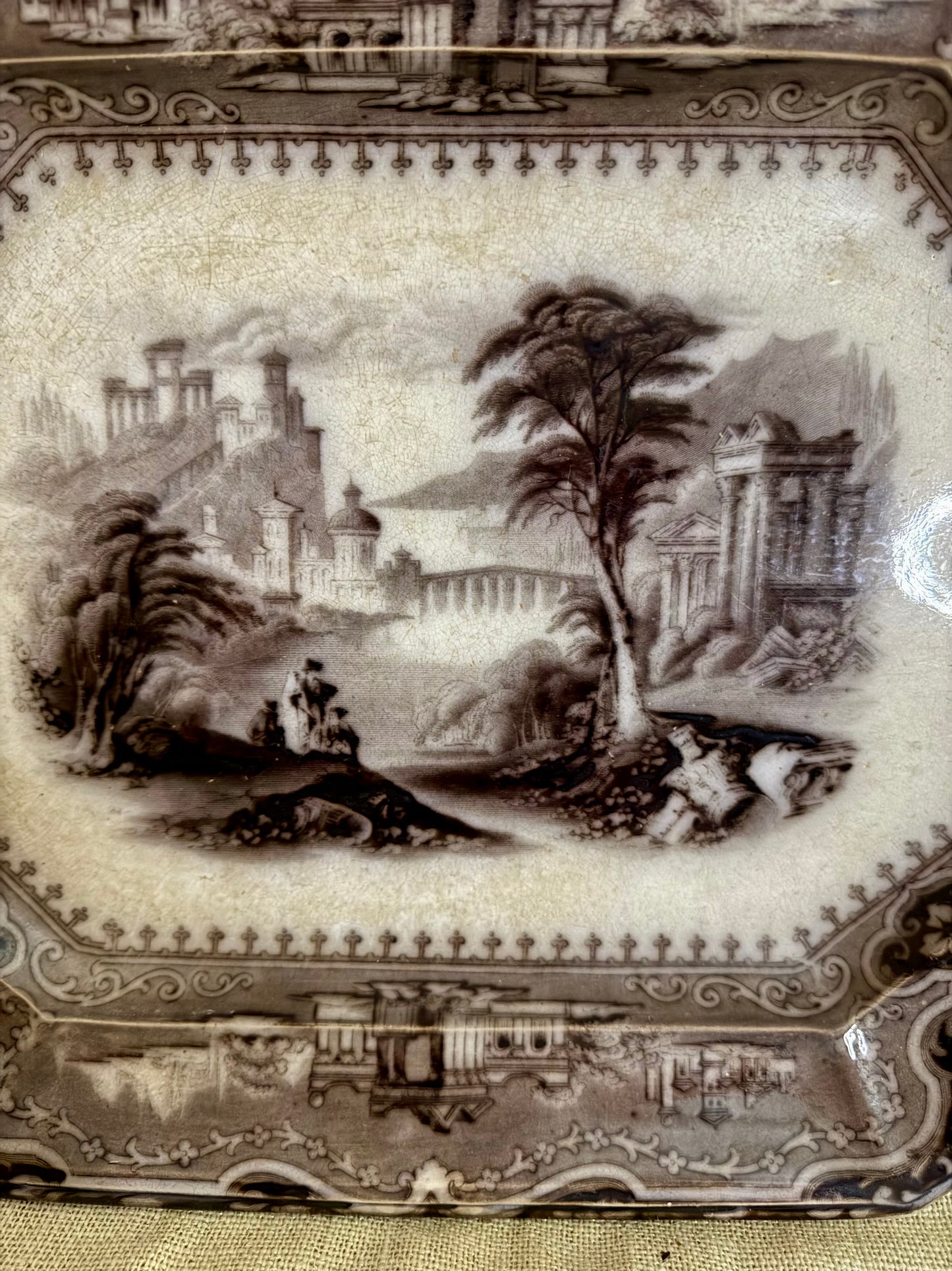 Antique John Alcock "Vincennes" Mulberry Transferware Platter