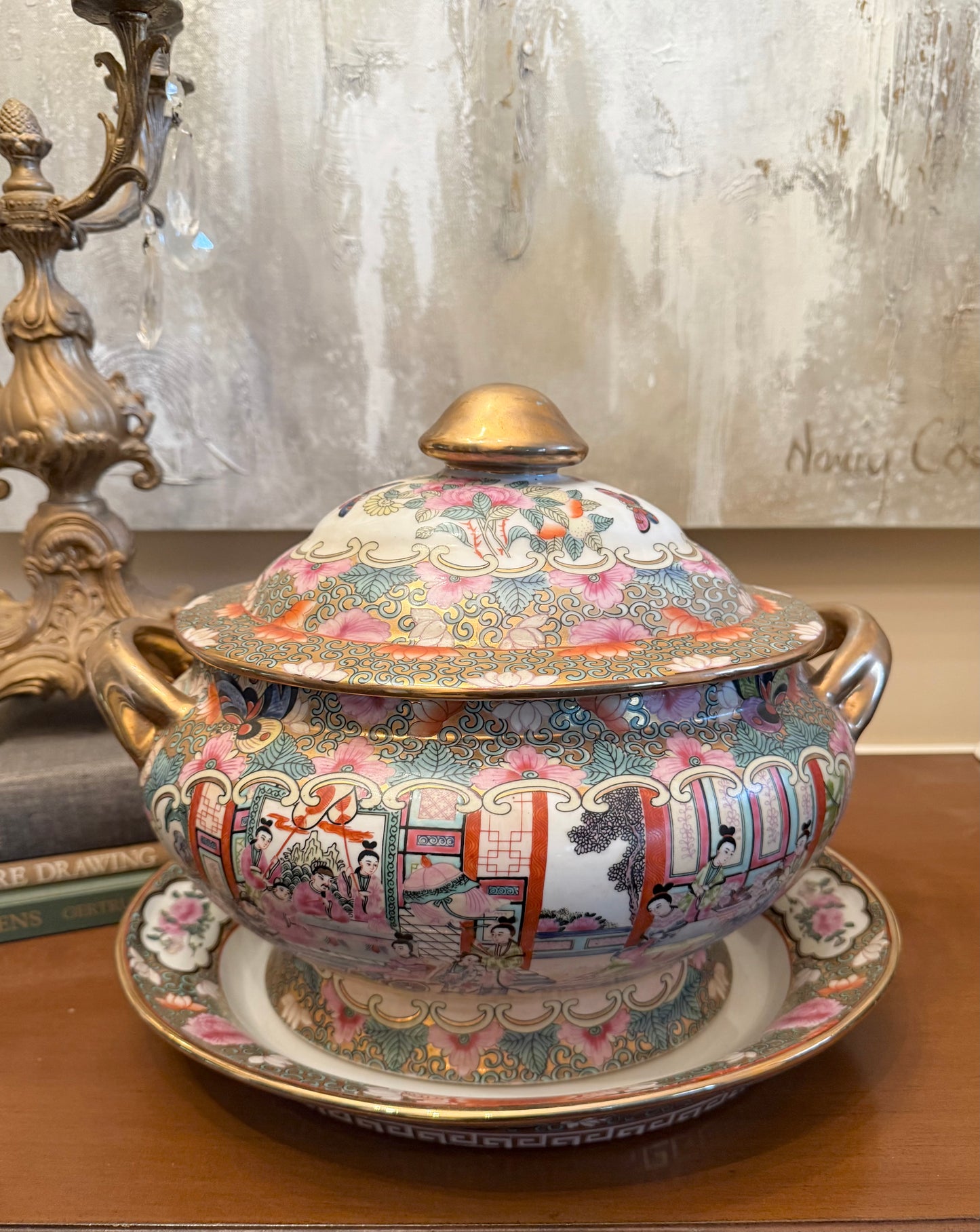 Vintage Chinese Rose Medallion Porcelain Tureen with Lid & Underplate