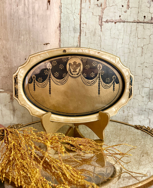 Vintage Celluloid Vanity Tray – Gold & Black Neoclassical Design