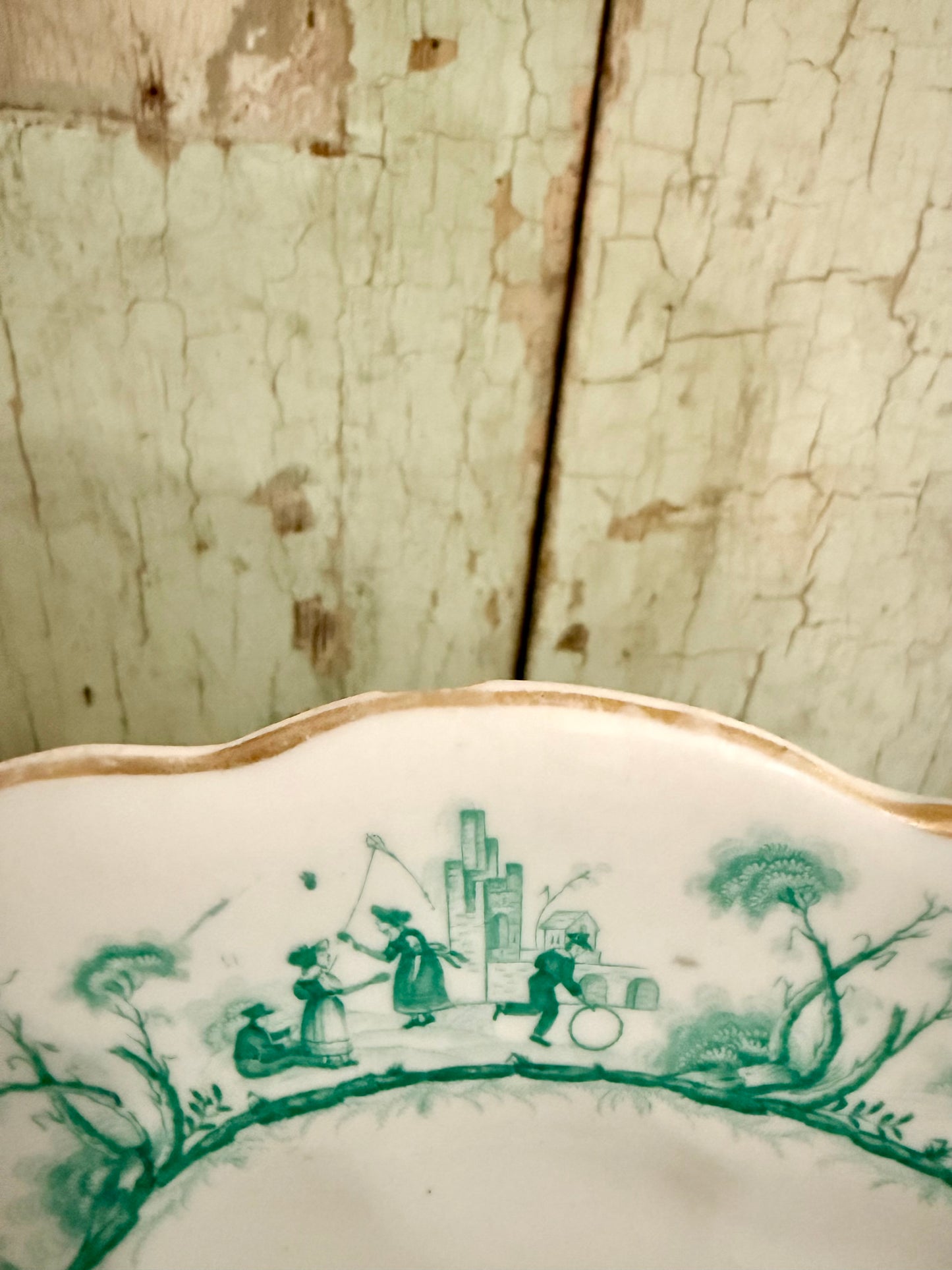 Antique GF Bowers & Co. “The Ages” Plate – Green Transferware – Staffordshire England