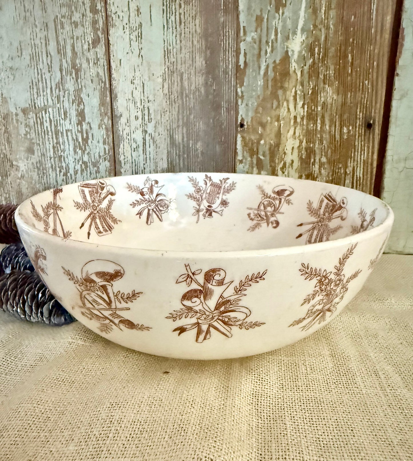 Brown Transferware Musical Instrument Bowl