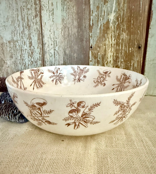 Brown Transferware Musical Instrument Bowl