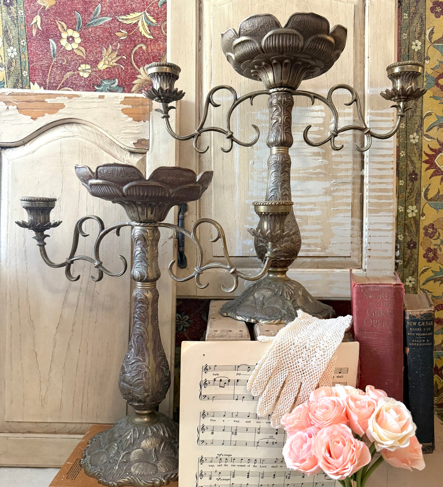 Pair of Antique Brass Candelabras