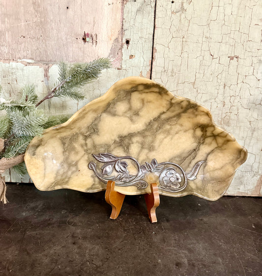 Vintage Alabaster Decorative Tray – Hand-Carved Stone with Floral Relief – Organic Shaped Catchall