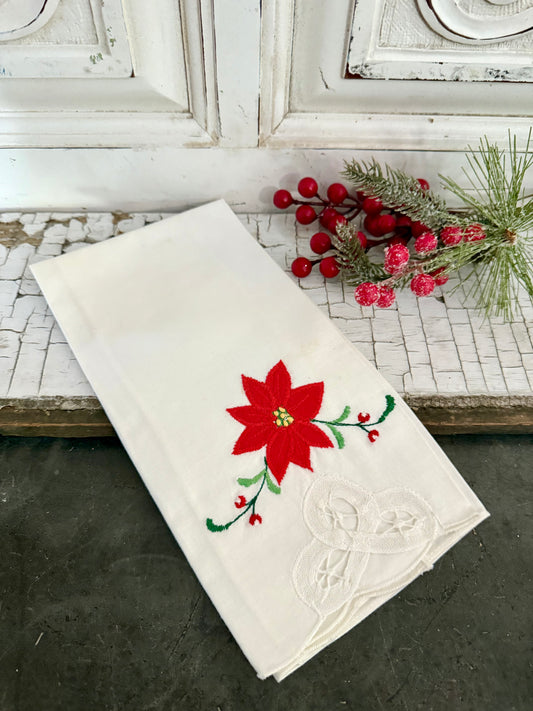 Vintage Poinsettia Embroidered Hand Towel