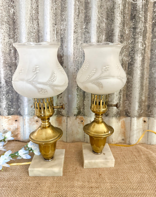 Vintage Brass & Marble Hurricane Globe Lamps
