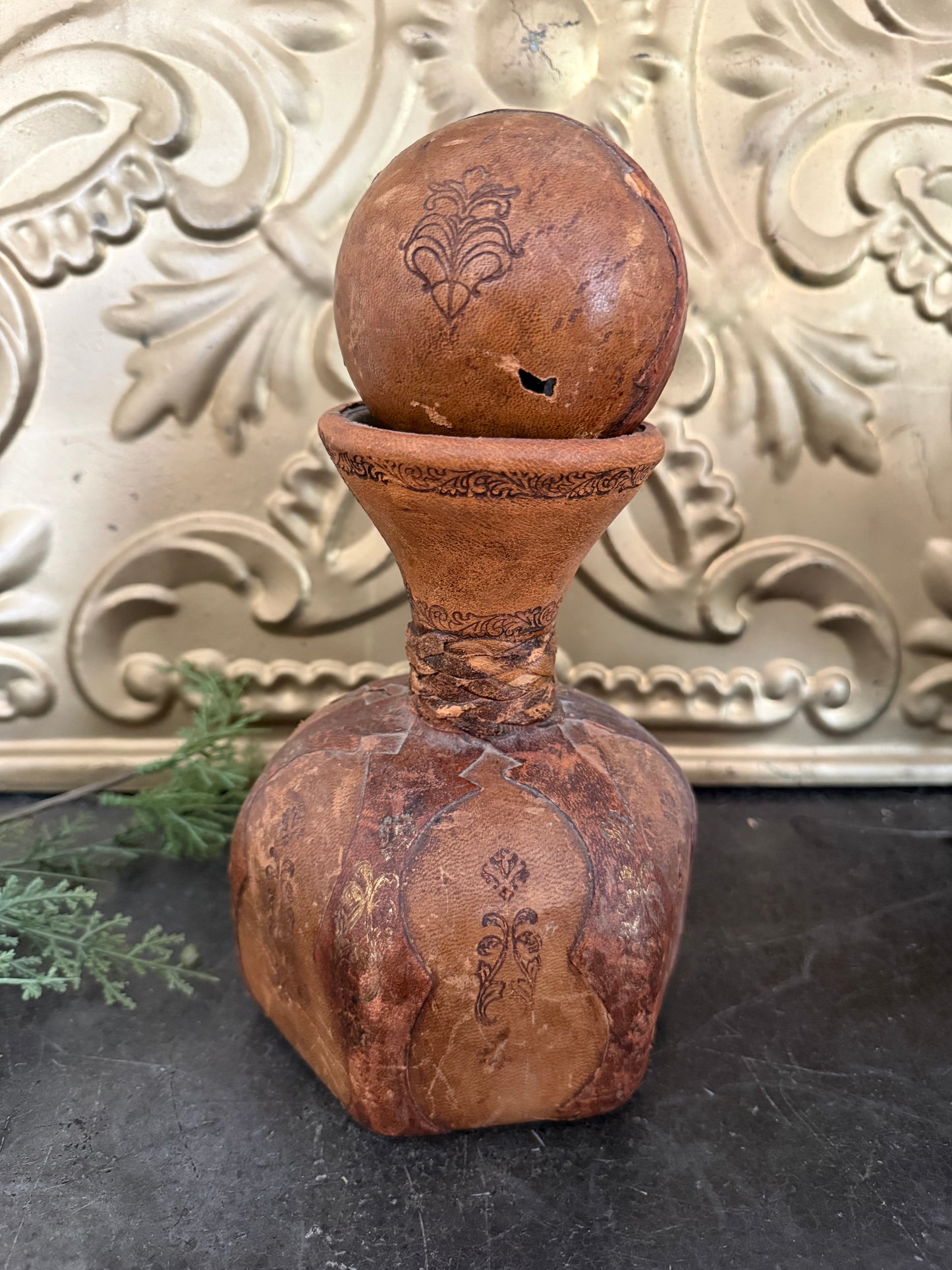 Vintage Leather Wrapped Decanter with Stopper | Hand-Tooled Leather Bo ...