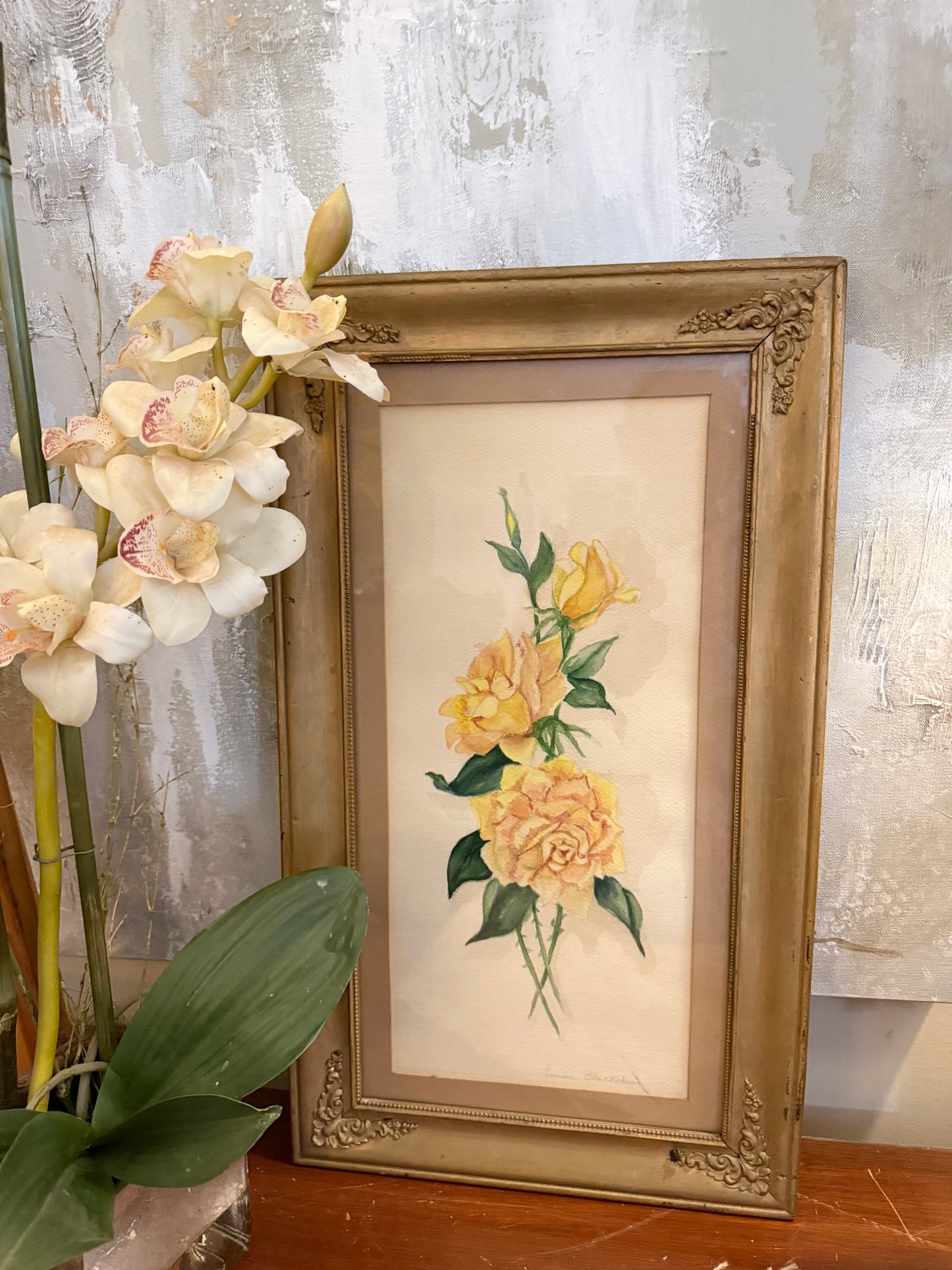 Yellow Rose Watercolor in Antique Wooden Frame