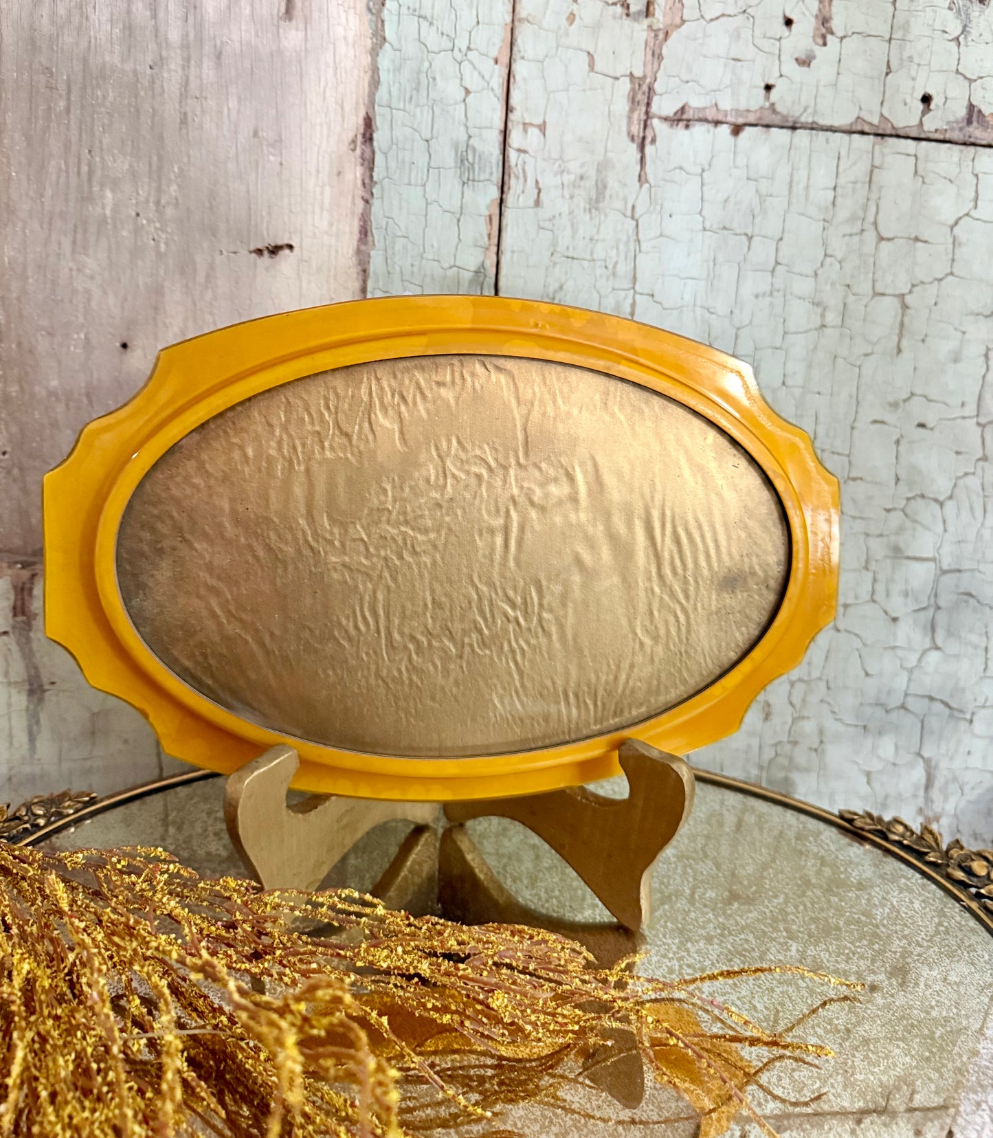 Vintage Celluloid Vanity Tray – Gold & Black Neoclassical Design