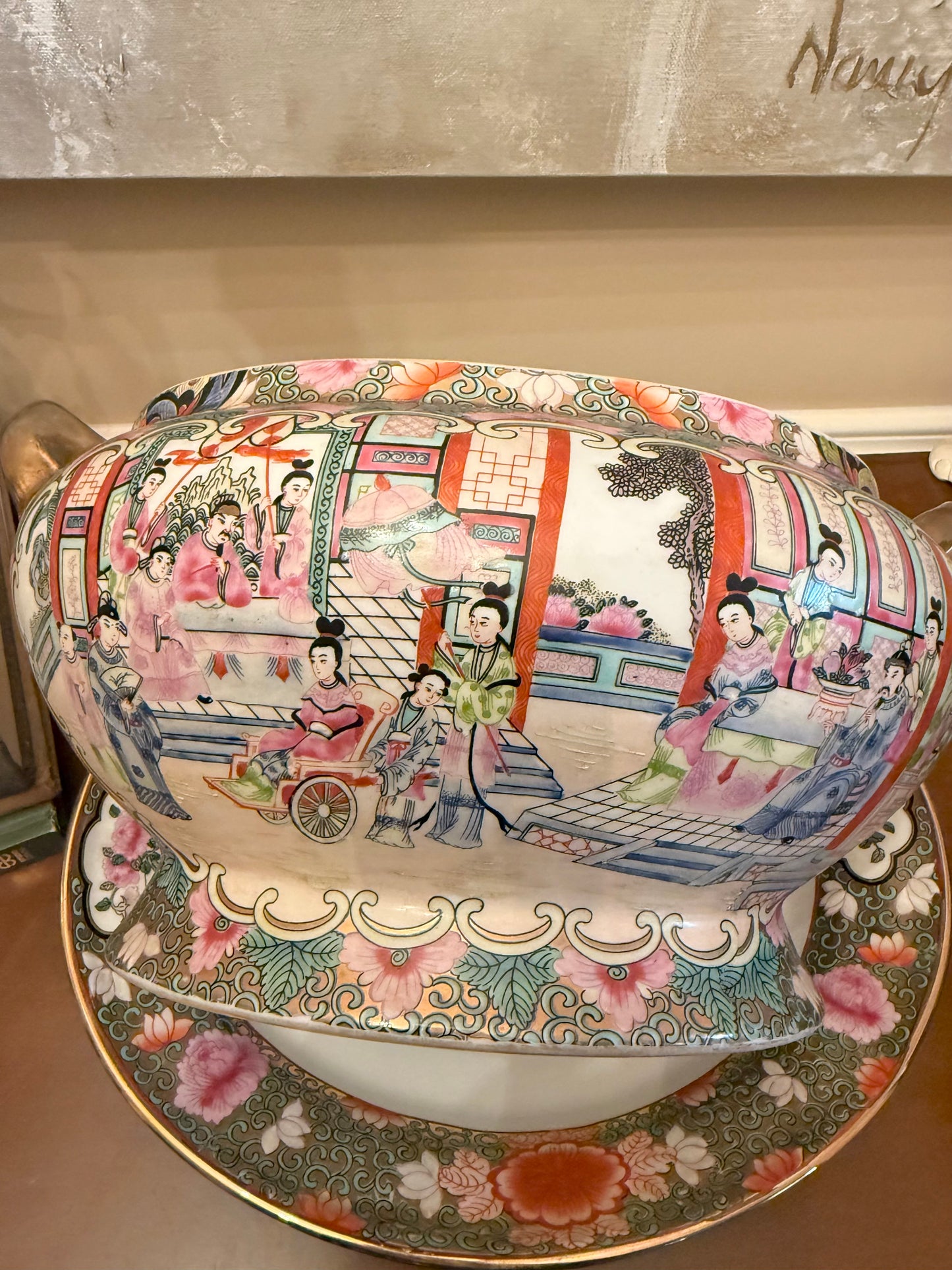 Vintage  Chinese Rose Medallion Porcelain Tureen with Lid & Underplate