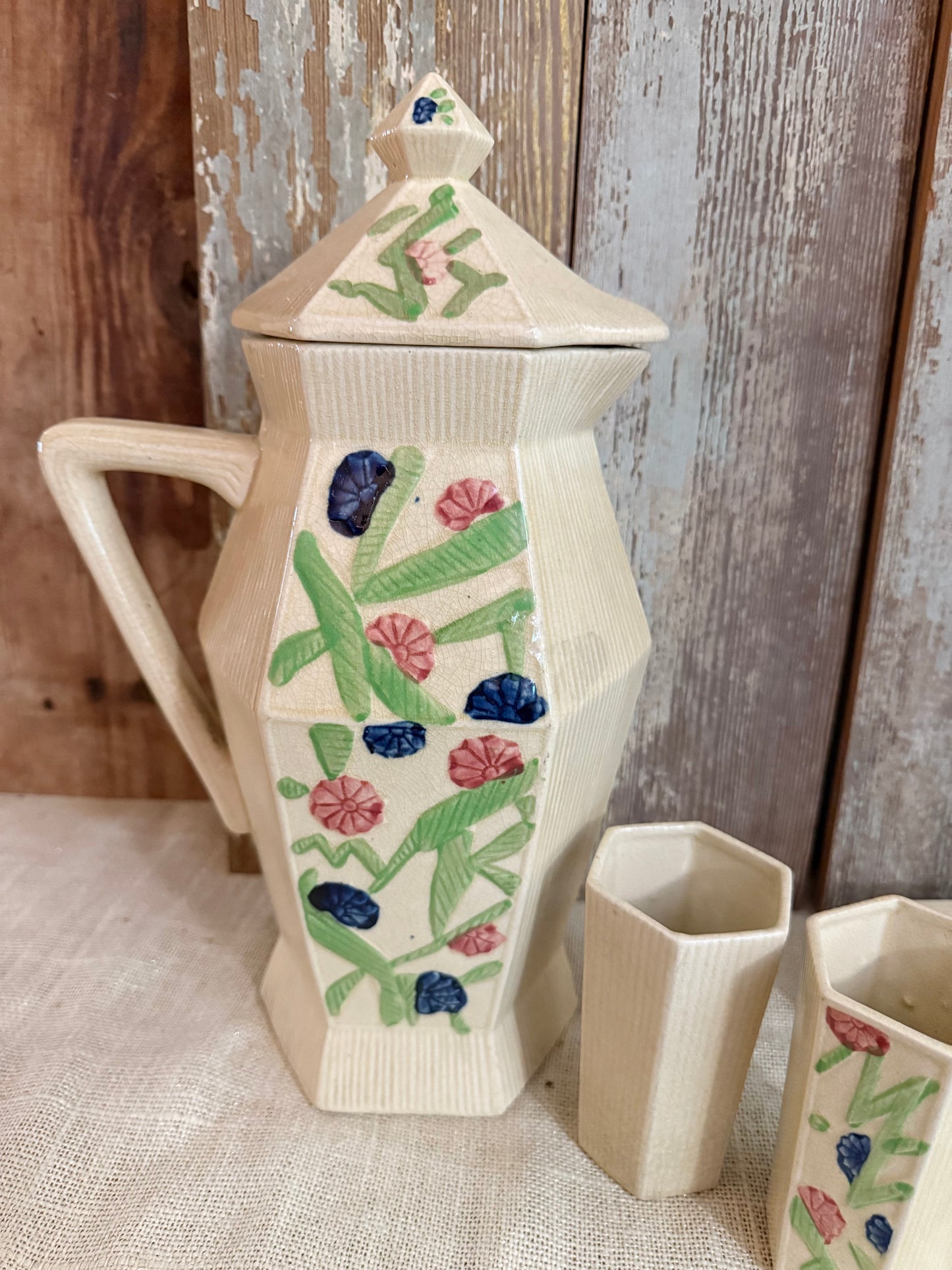Japanese Majolica Pitcher & 4 Glasses