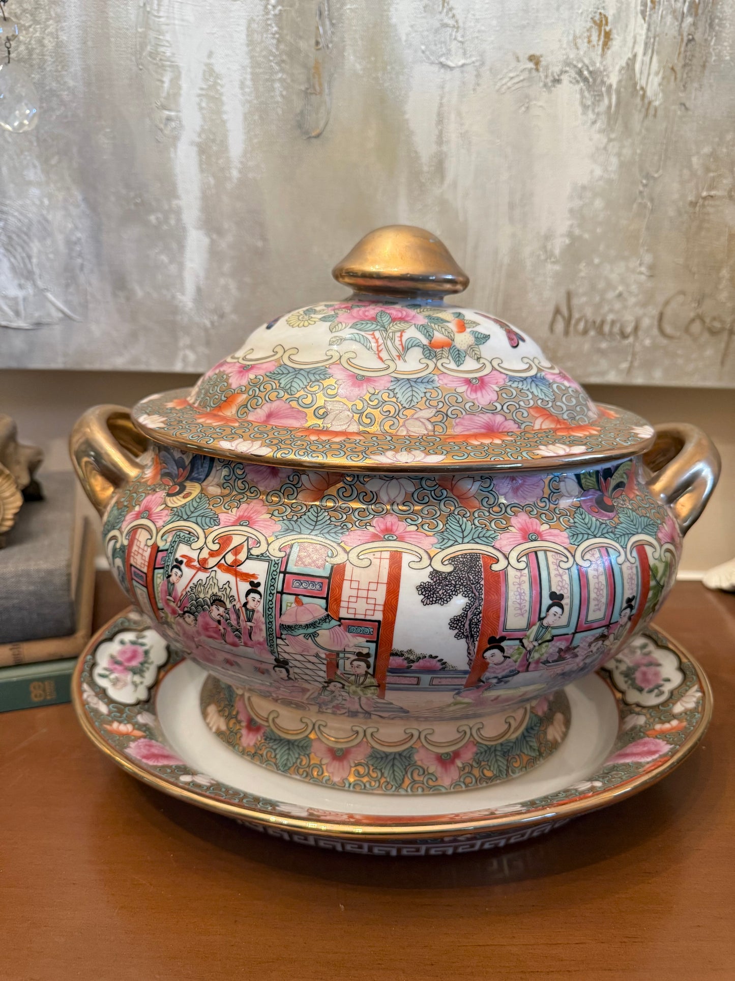 Vintage  Chinese Rose Medallion Porcelain Tureen with Lid & Underplate