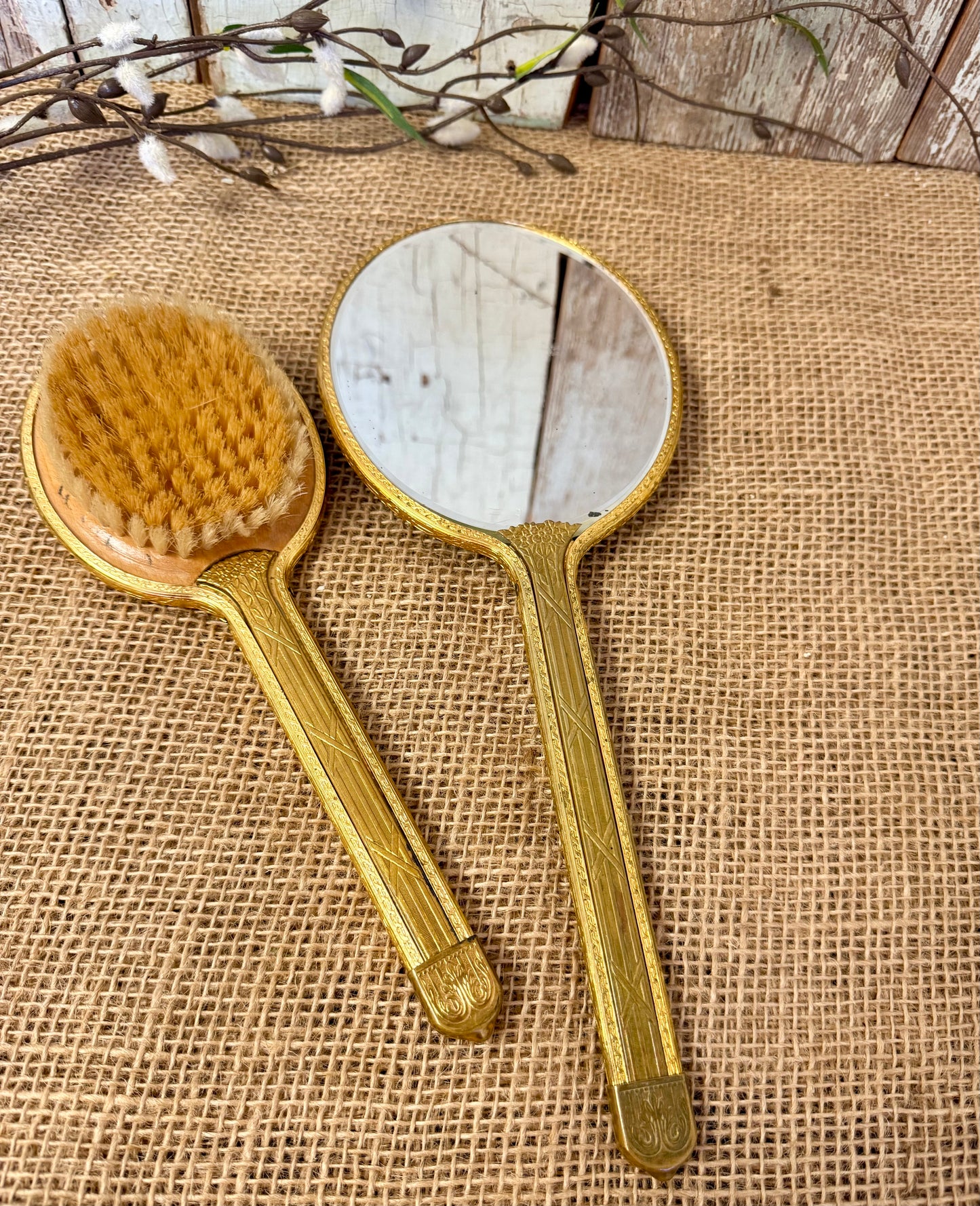 Antique Vanity Mirror & Brush