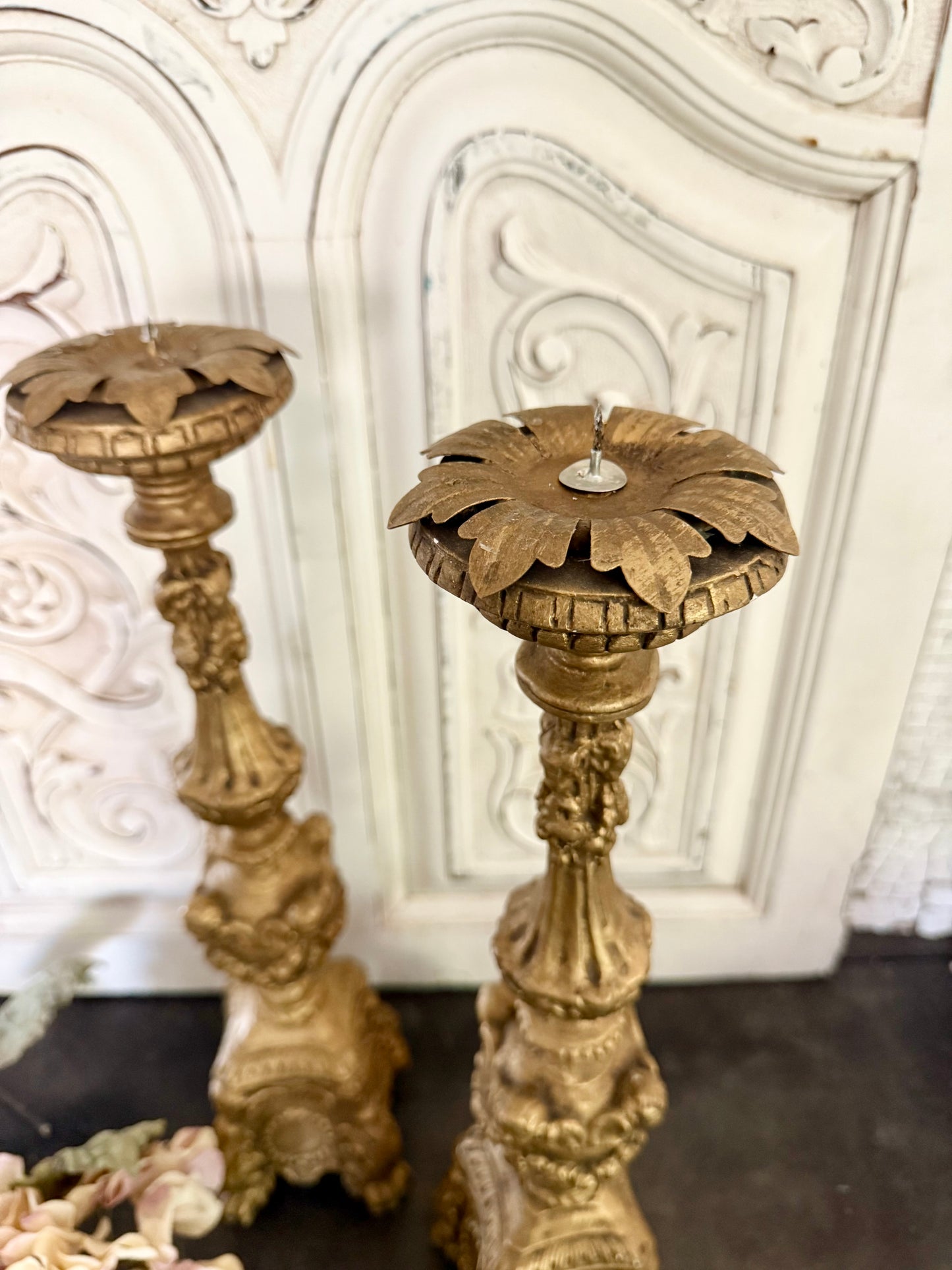 Tall Cherub Adorned Ornate Gold Candleholders