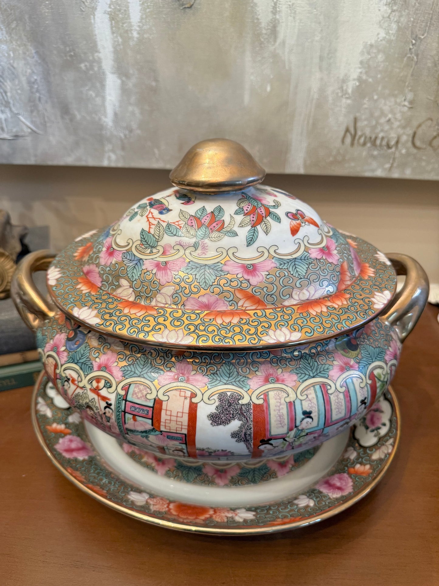 Vintage  Chinese Rose Medallion Porcelain Tureen with Lid & Underplate