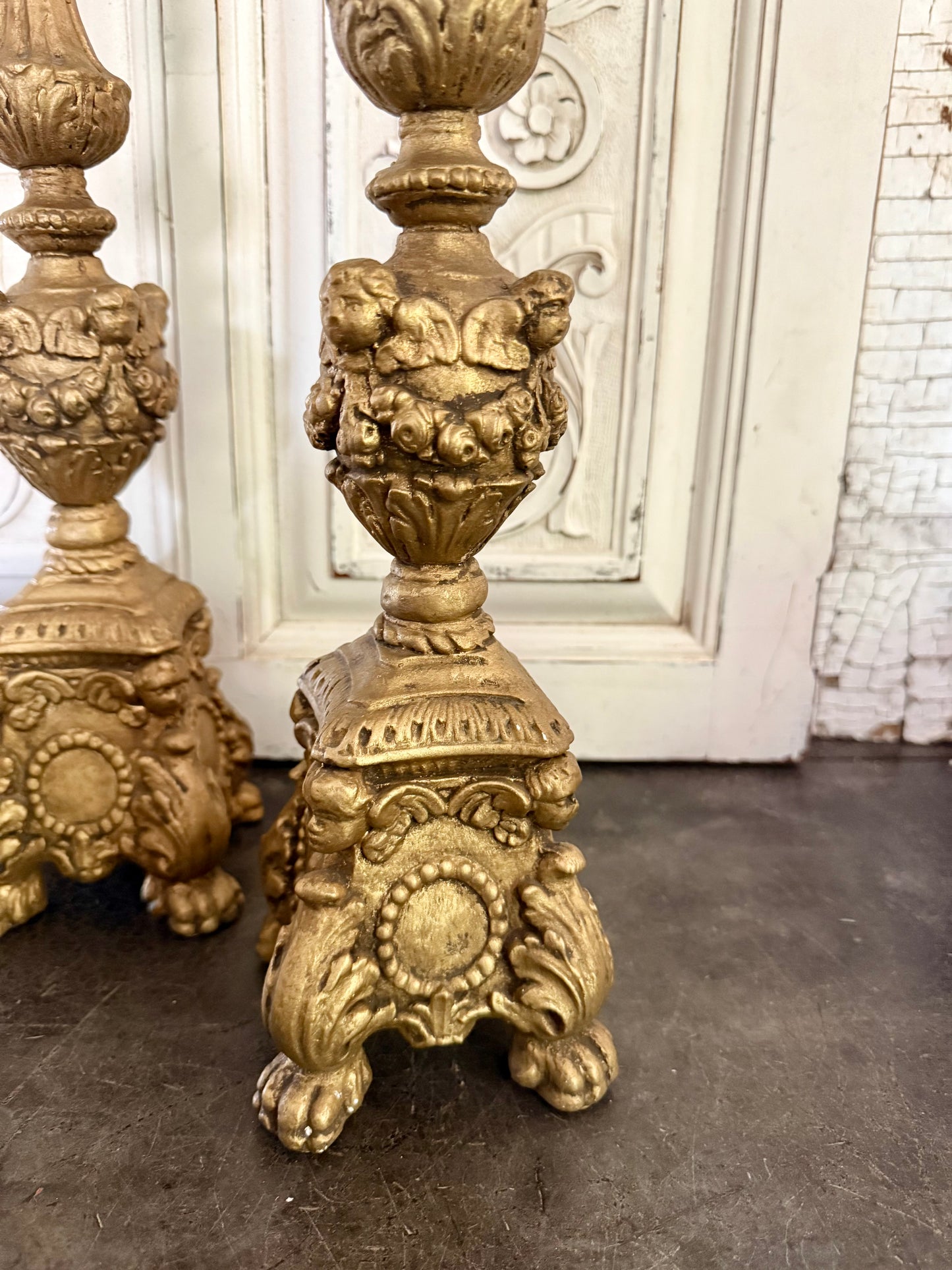 Tall Cherub Adorned Ornate Gold Candleholders