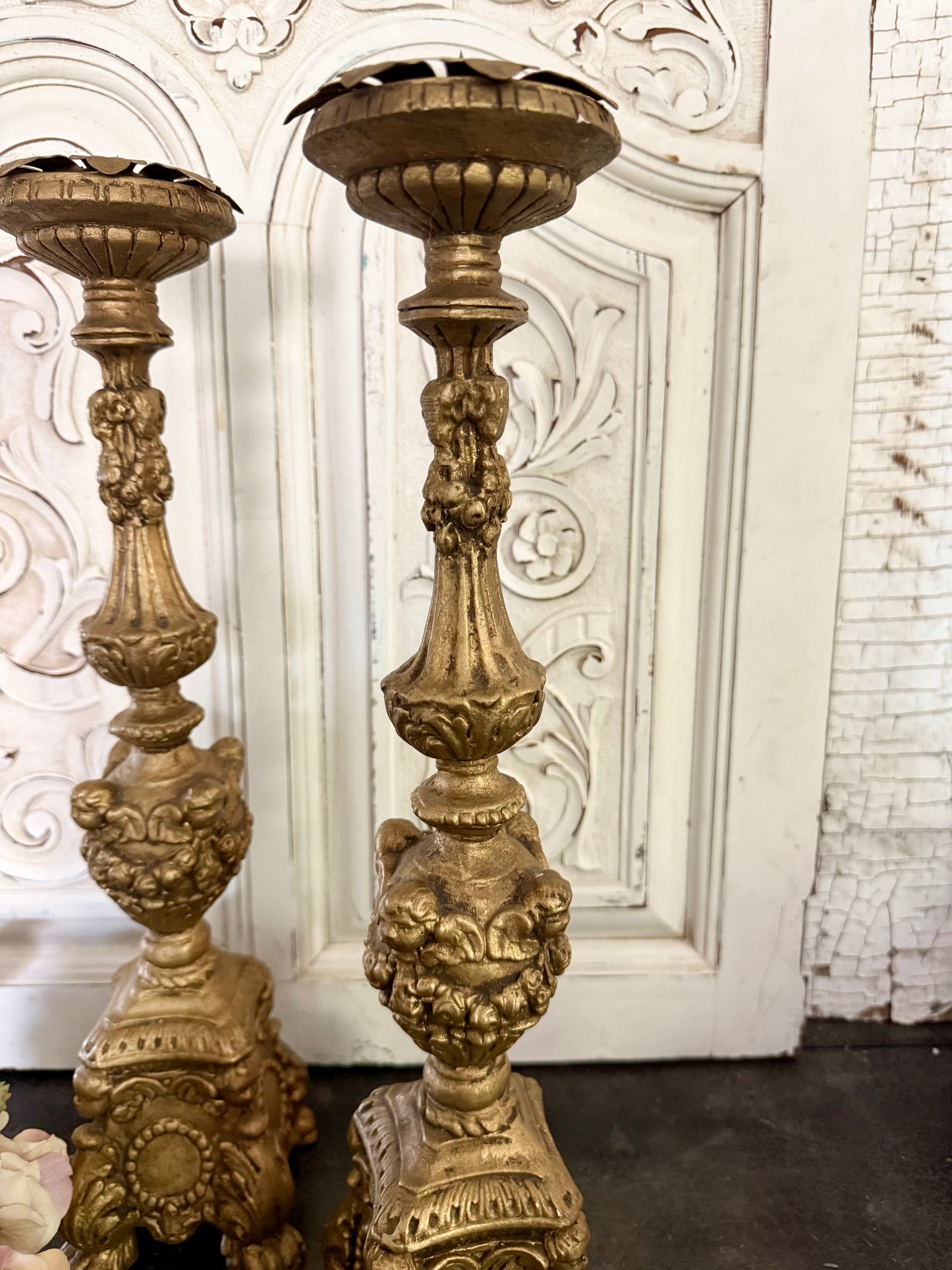 Tall Cherub Adorned Ornate Gold Candleholders