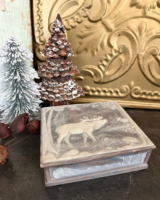 Vintage Incolay Stone Trinket Box with Elk | Carved Stone Jewelry Box | Rustic Lodge Decor