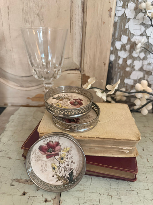 Floral Porcelain & Silver Plate Coaster Set