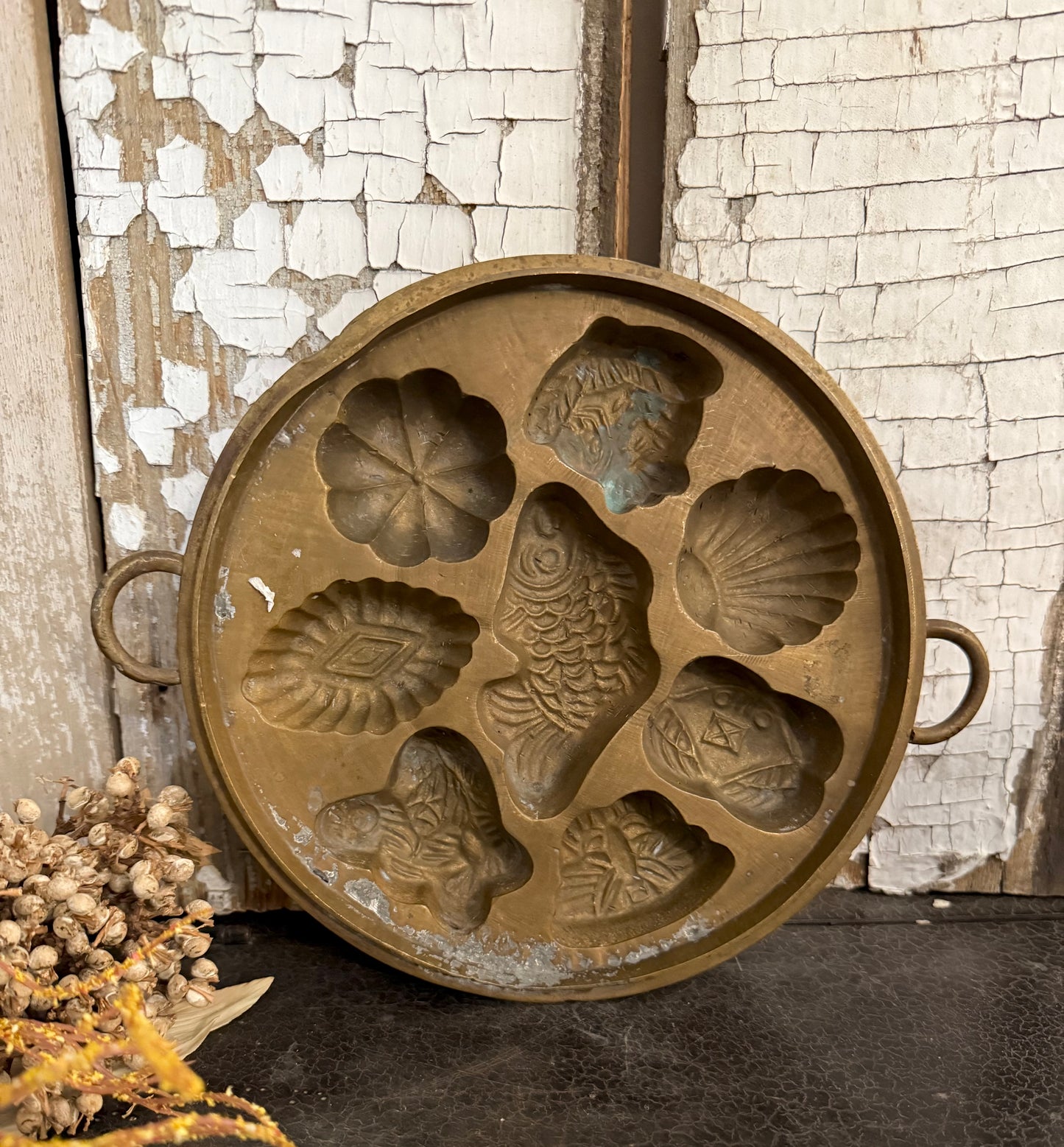 Vintage Brass Kuih Bahulu Mold – Malaysian Cake, Fish & Floral Design