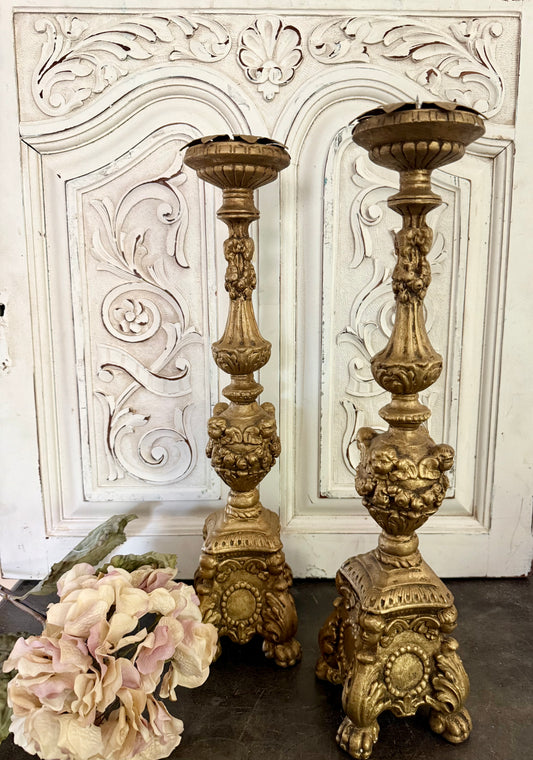 Tall Cherub Adorned Ornate Gold Candleholders
