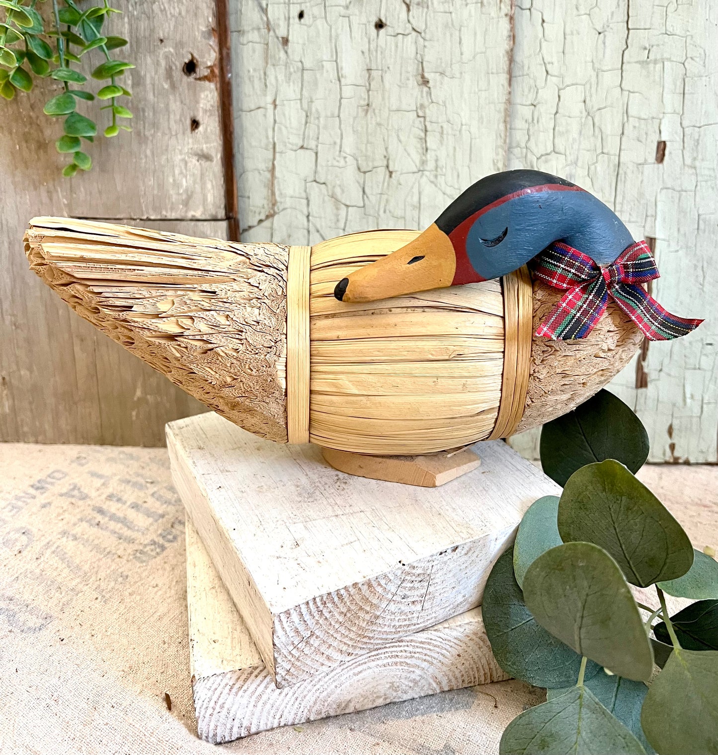 Carved Wood & Corn Husk Duck