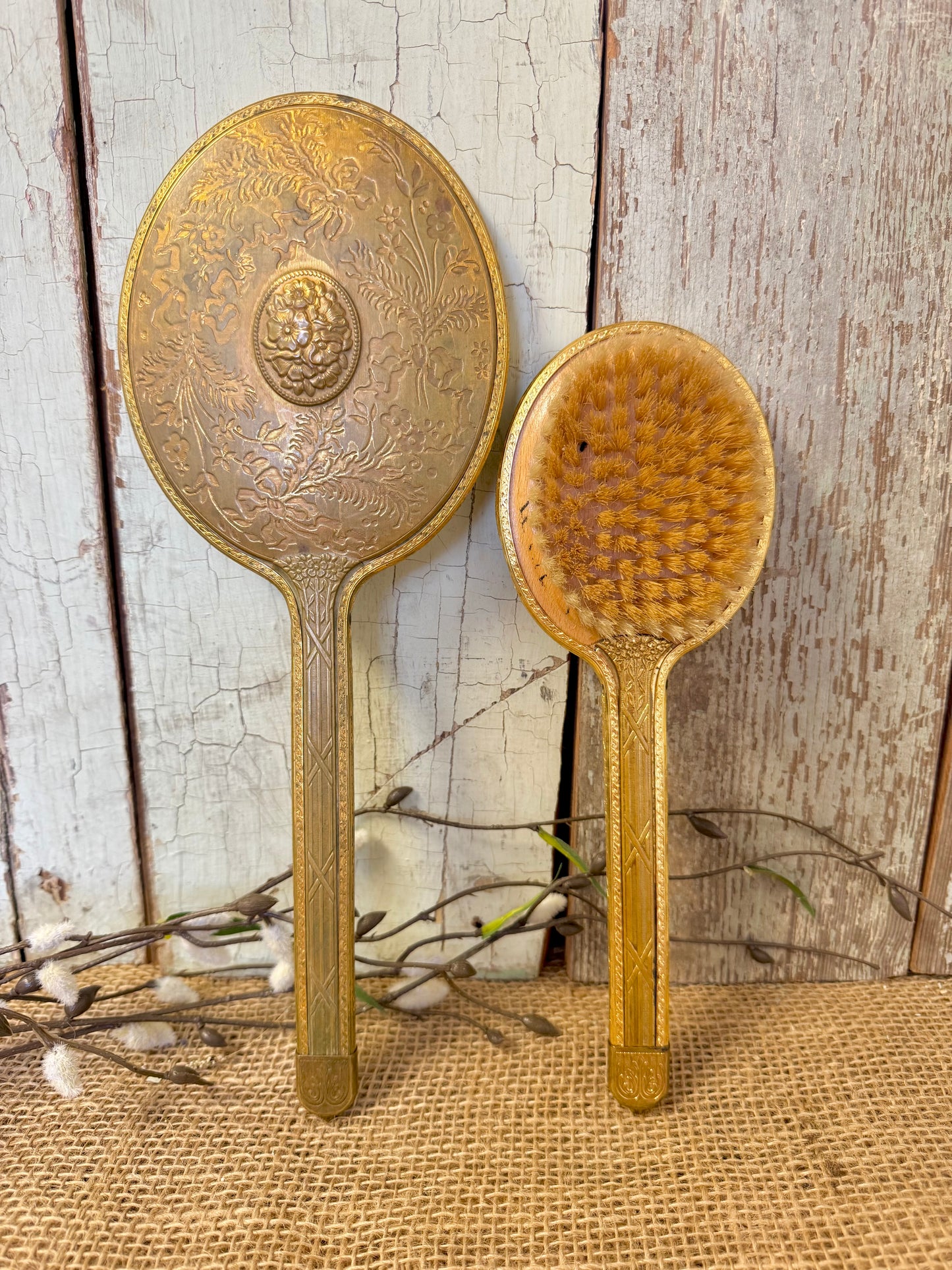 Antique Vanity Mirror & Brush