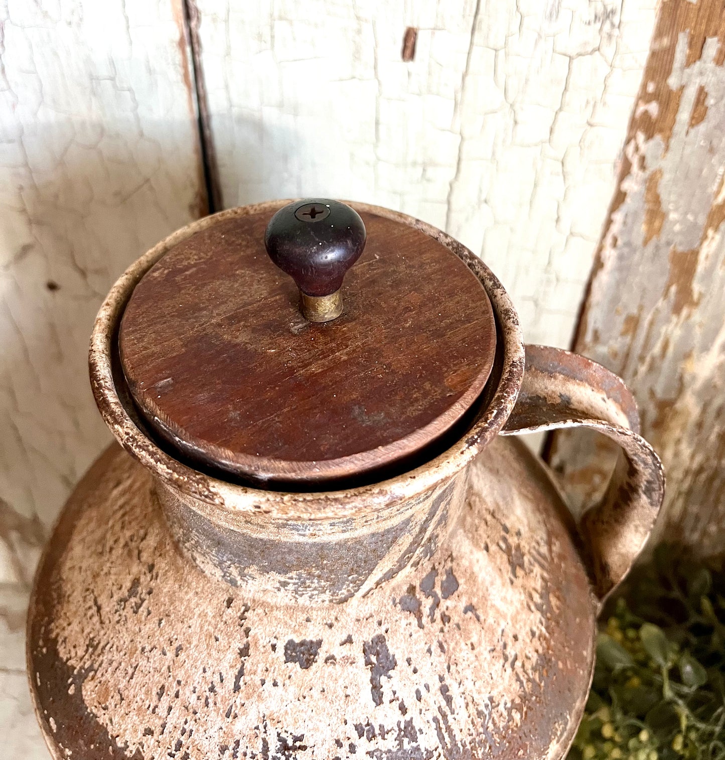 Old Metal Jug with Wooden Lid