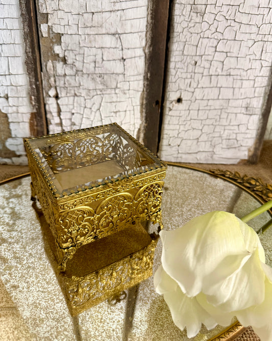 Gold Filigree & Glass Jewelry Casket