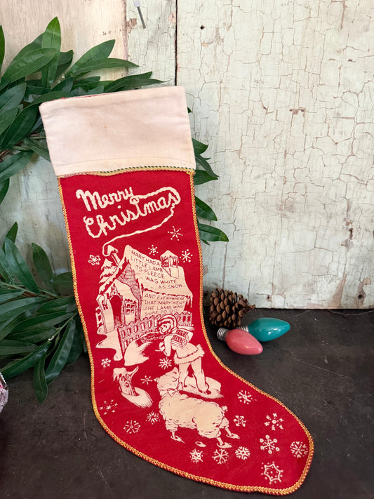 Vintage Red Felt Christmas Stocking • 1950s Nursery Rhyme Decor