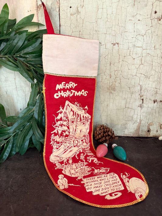 Vintage Red Felt Christmas Stocking • 1950s Nursery Rhyme Decor