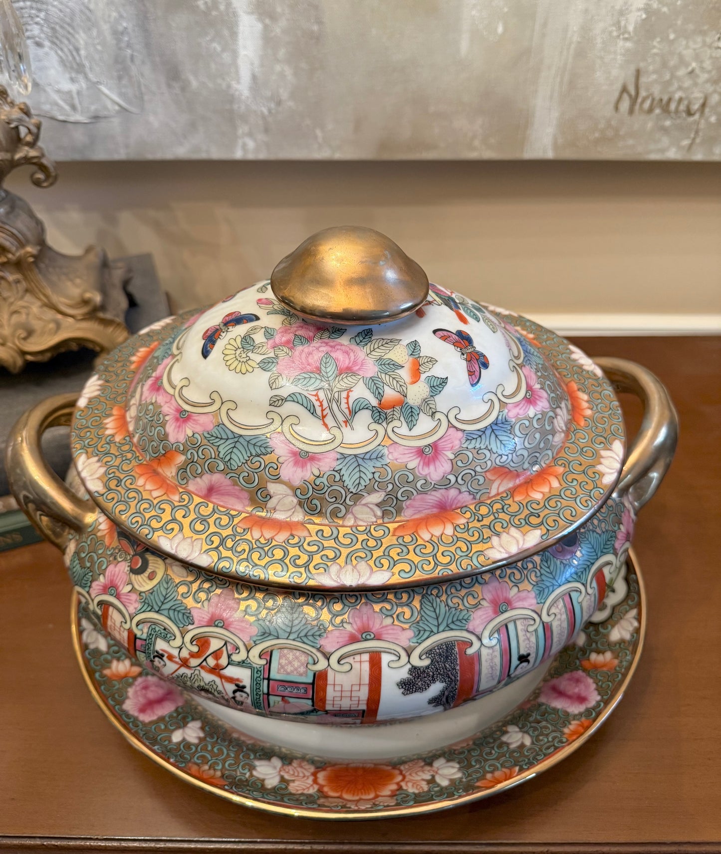 Vintage  Chinese Rose Medallion Porcelain Tureen with Lid & Underplate