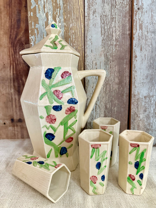 Japanese Majolica Pitcher & 4 Glasses