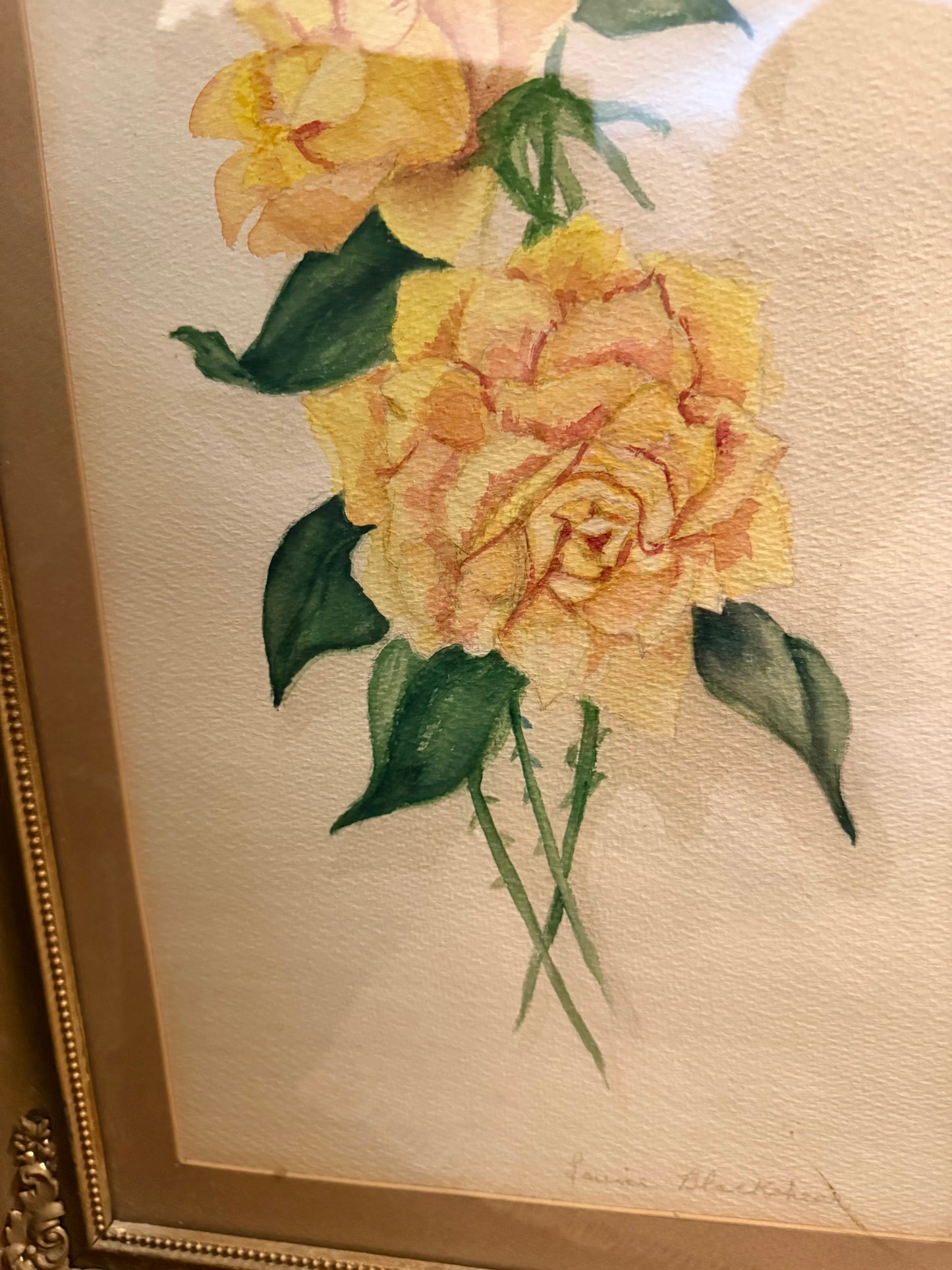 Yellow Rose Watercolor in Antique Wooden Frame