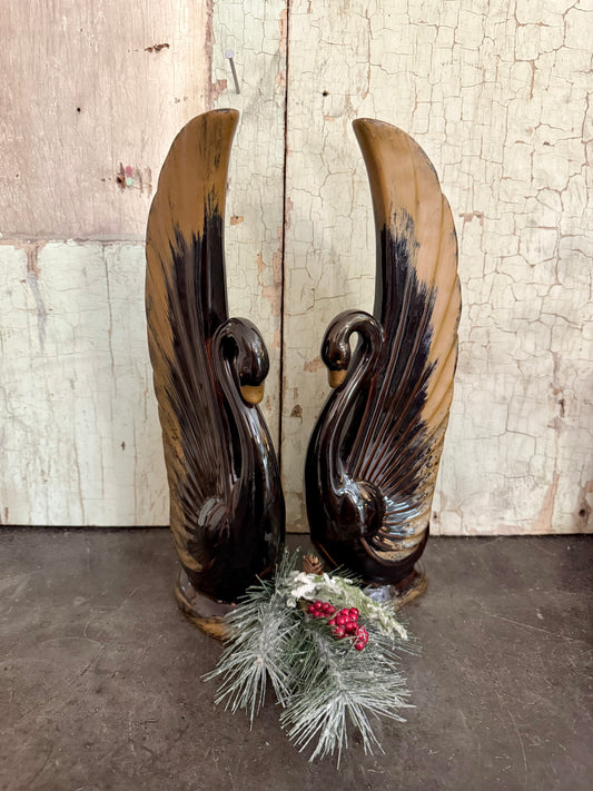 Vintage Black & Gold Terracotta Swan Figurines – Elegant Mid-Century Style Pair