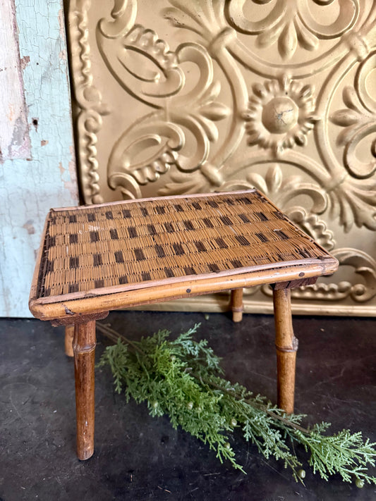 Vintage 1940s Bamboo Tea Table | Woven Rattan Top Side Table | Cottagecore Boho Accent Furniture