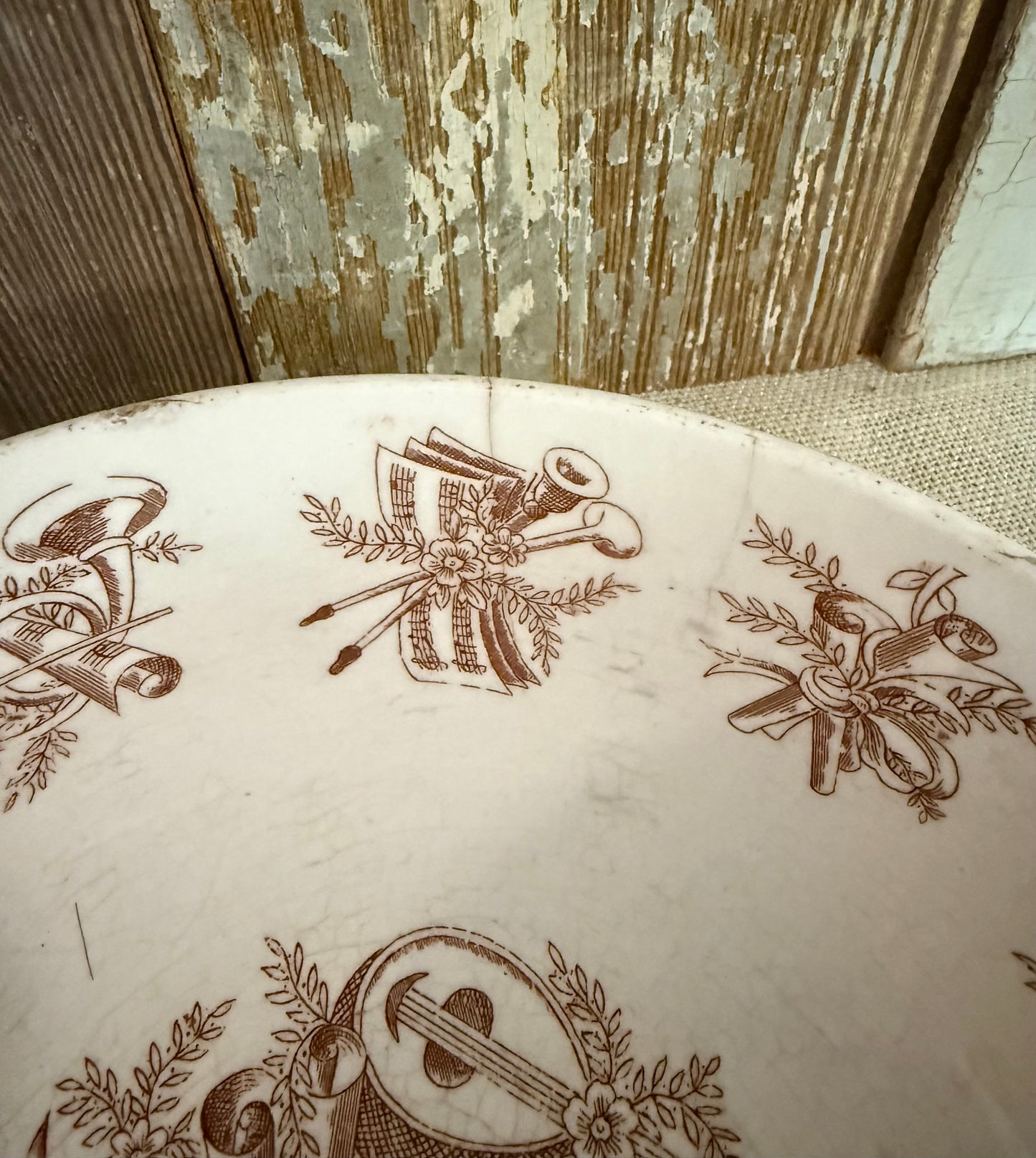 Brown Transferware Musical Instrument Bowl