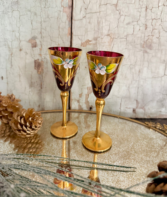 Vintage Ruby Red & Gold Gilt Floral Cordial Glasses — Set of 2