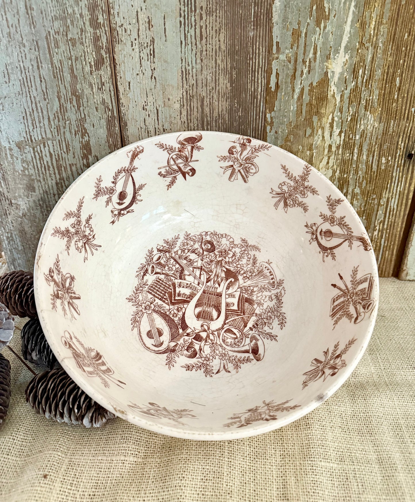 Brown Transferware Musical Instrument Bowl
