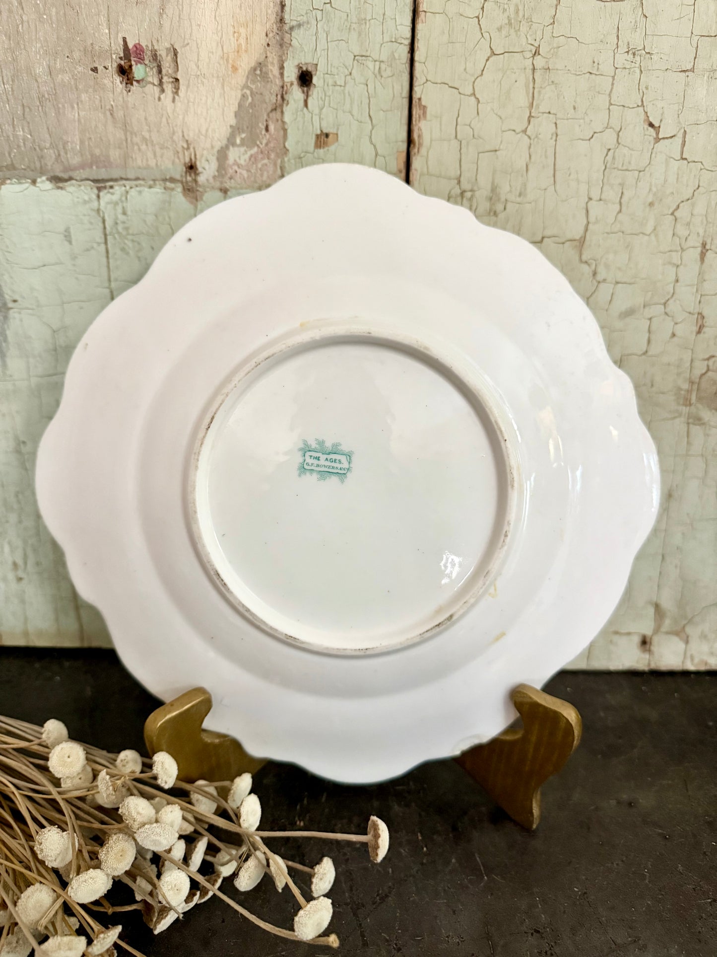 Antique GF Bowers & Co. “The Ages” Plate – Green Transferware – Staffordshire England