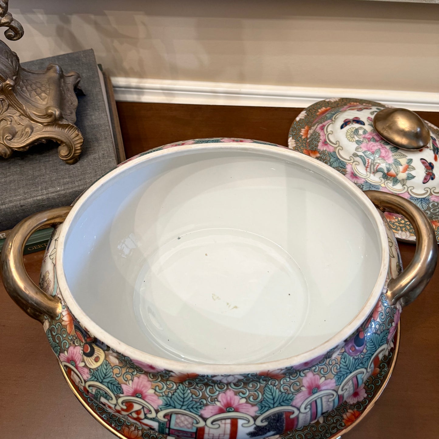 Vintage  Chinese Rose Medallion Porcelain Tureen with Lid & Underplate