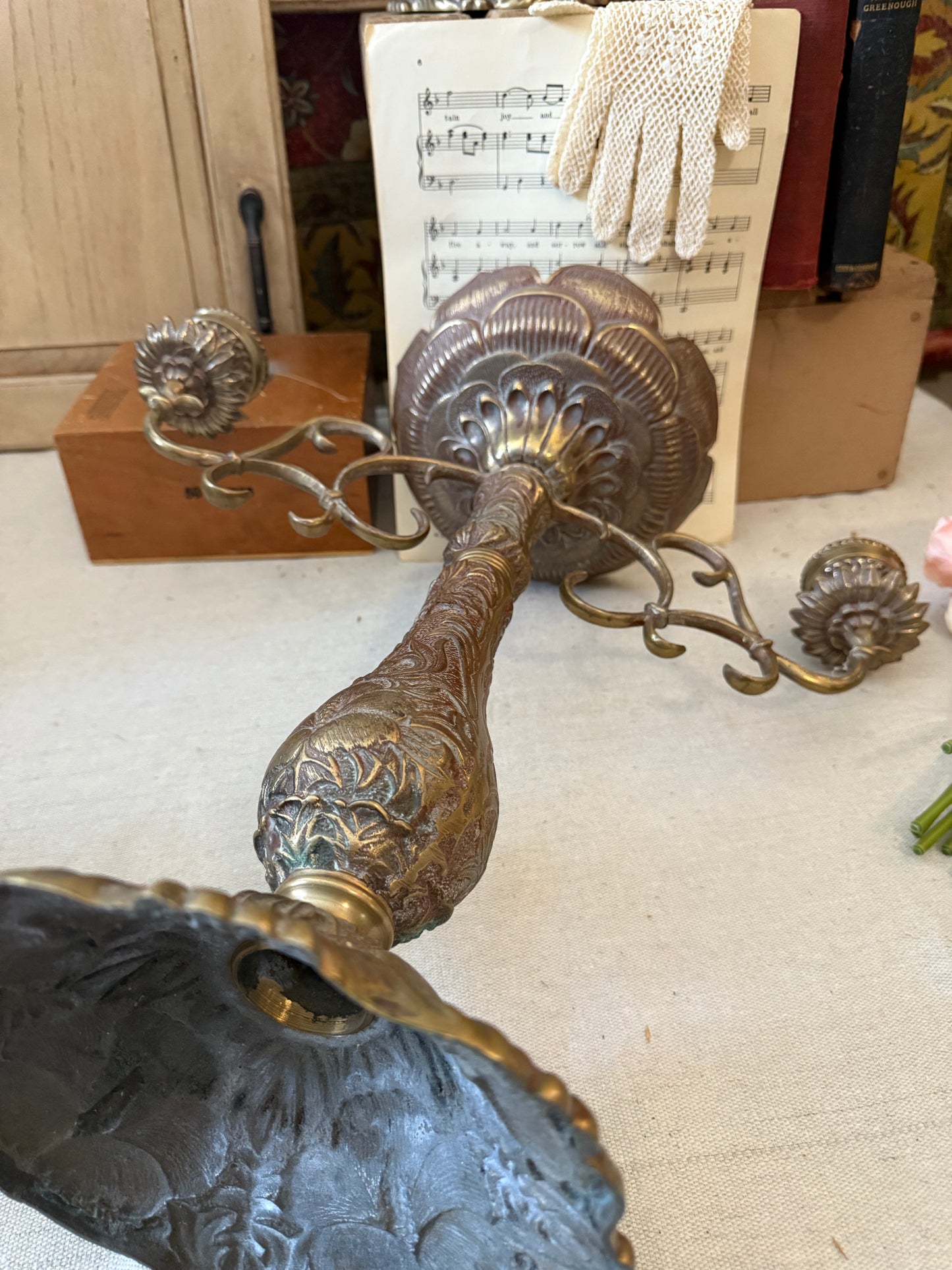 Pair of Antique Brass Candelabras