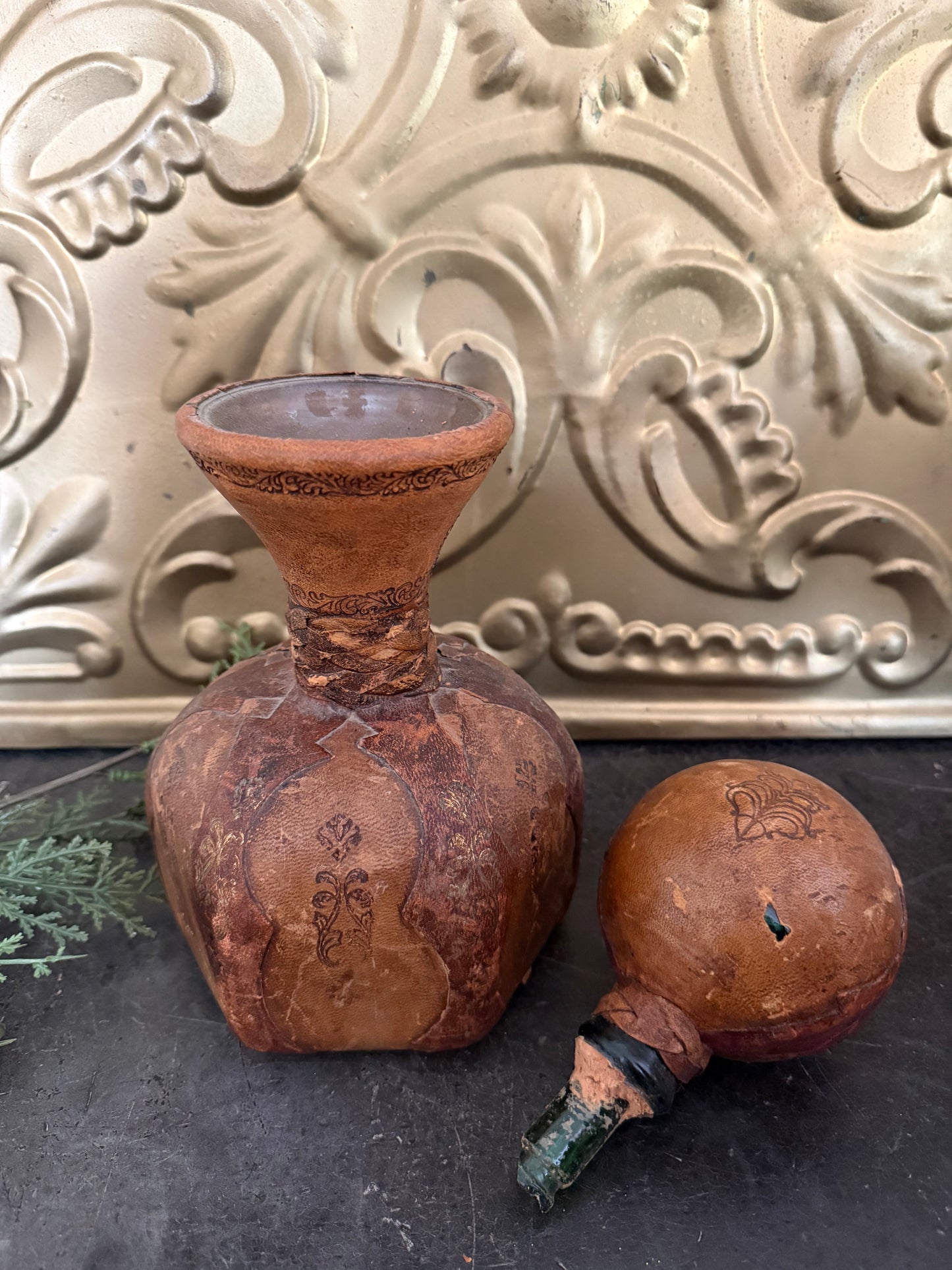 Vintage Leather Wrapped Decanter with Stopper | Hand-Tooled Leather Bo ...