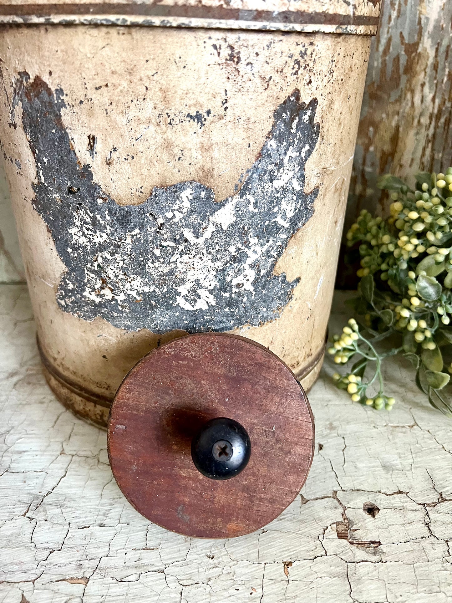 Old Metal Jug with Wooden Lid