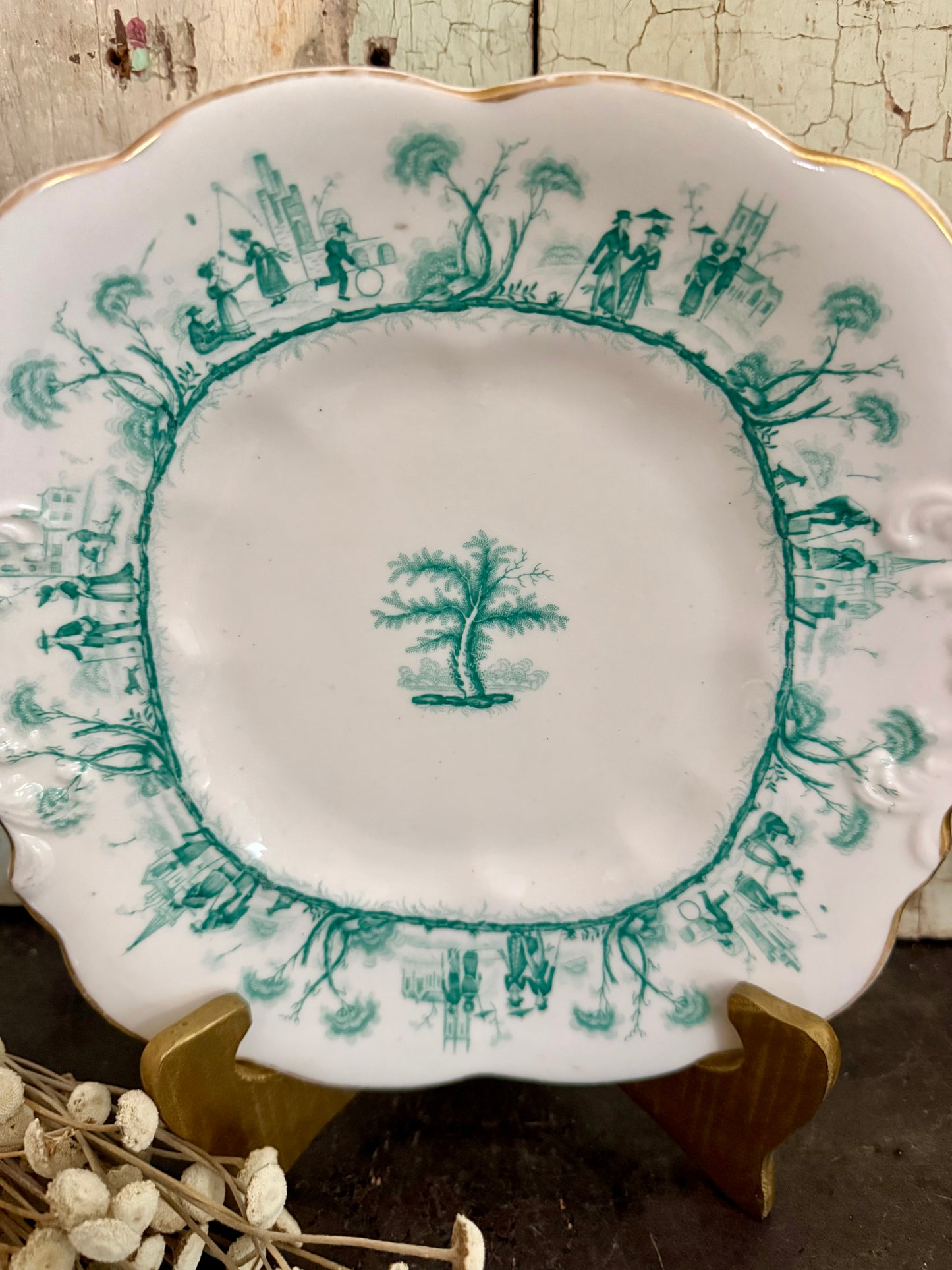 Antique GF Bowers & Co. “The Ages” Plate – Green Transferware – Staffordshire England