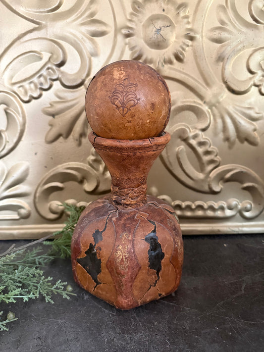 Vintage Leather Wrapped Decanter with Stopper | Hand-Tooled Leather Bottle | Rustic Barware | Primitive Decor | Antique Style Flask